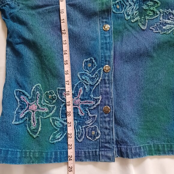 Keren Hart Denim Jacket Blazer Tie dye Airbrush Beaded Applique Relaxed Size M - Picture 8 of 8